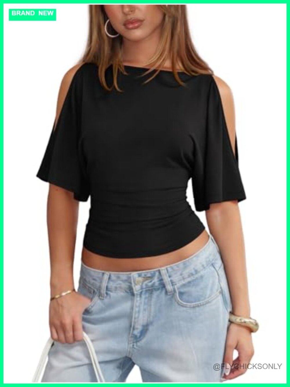 Boat Neck Cinched Waist Cold Shoulder Top Batwing Sleeve Knit Blouse